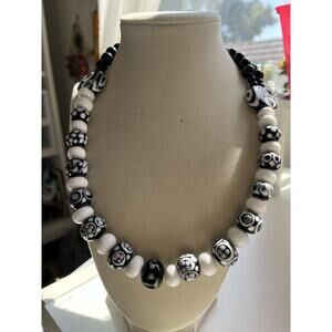 Handmade Artisan Glass Lampwork Black & White Bead Chunky Heavy Necklace 20”